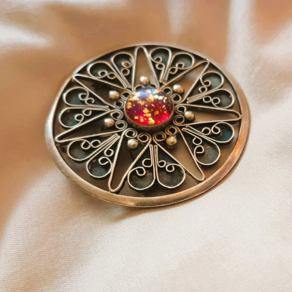 RN Vtg 925 Round Filigree Brooch Hecho En Mexico Amber Color Center Pendant